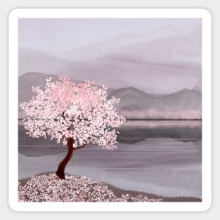 Cherry blossom tree on mountain and water landscape watercolor illustration Spring Japanese scenery Sticker